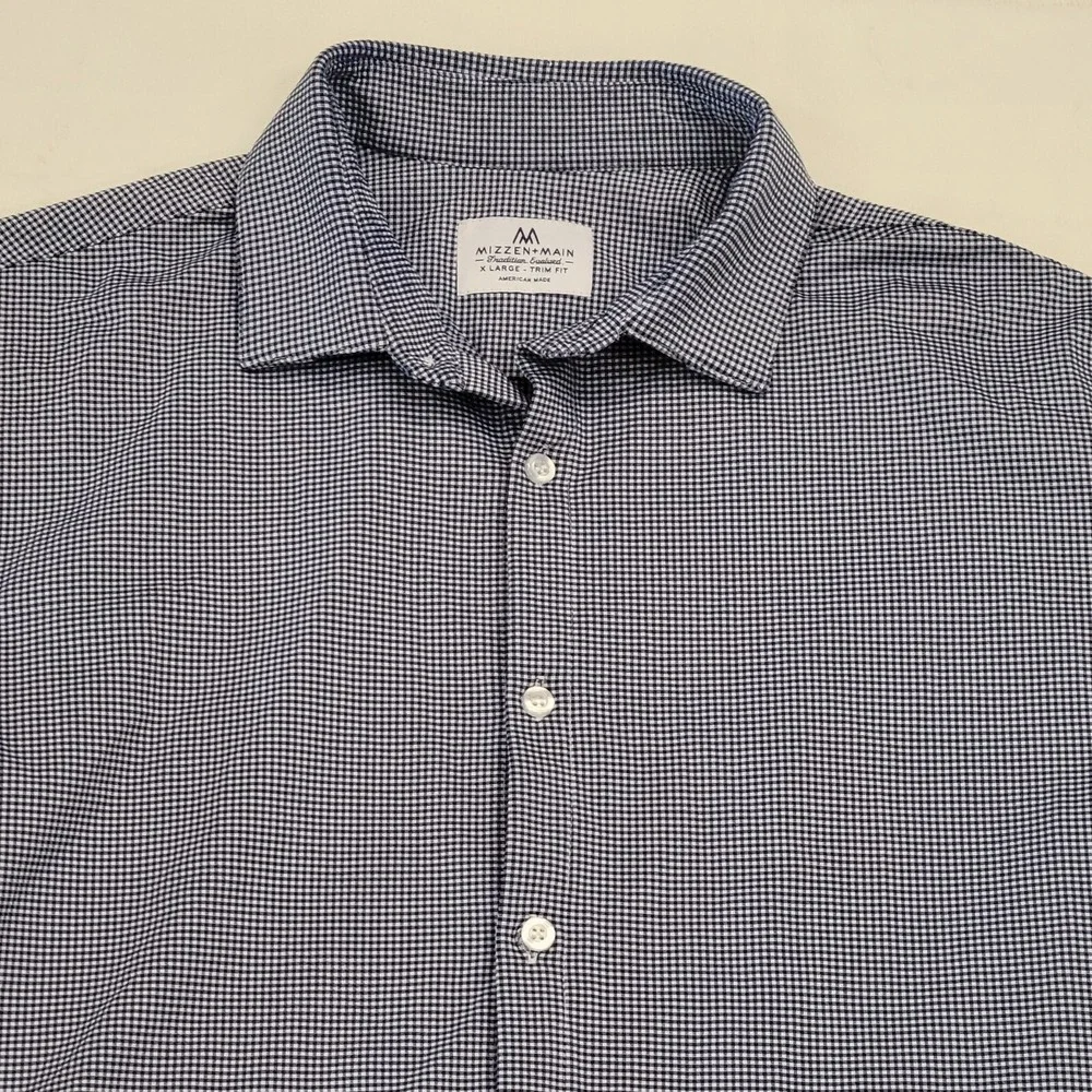 Mizzen + Main Long Sleeve Button Up Shirt Mens Sz XL Trim‎ Fit Blue Check Plaid